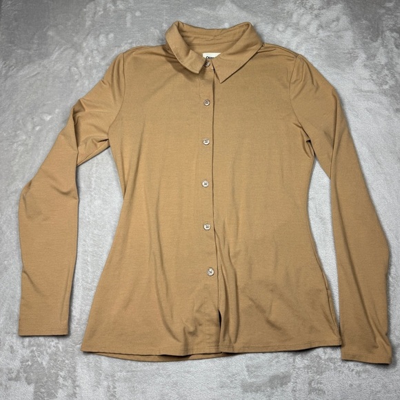 Open Edit Stretch Knit Tan Cartouche Long Sleeve Collared Button Up Blouse S - Picture 2 of 16